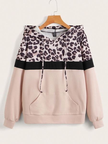 

contrast leopard drawstring hoodie q0mz#, White;black