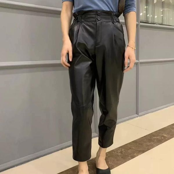 

women pants 100% genuine sheep leather 2019 fashion real genuine sheep leather crop jeans elastic belt waist trousers sk2401, Black;white