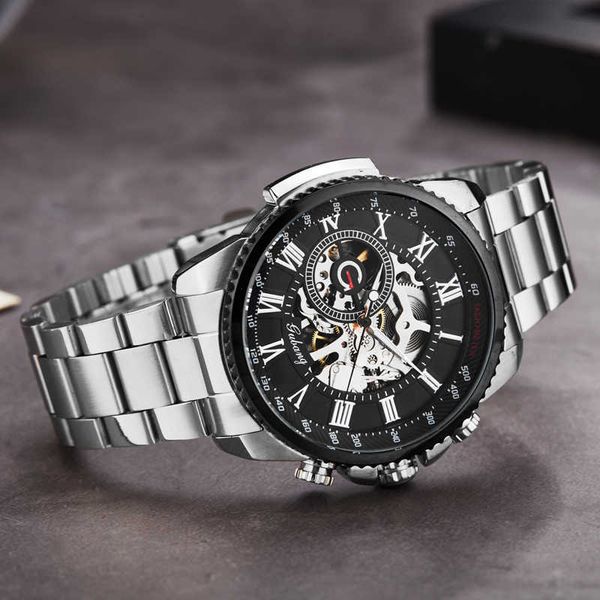

sliver moonphase skeleton sport mechanical watches men stainless steel transparent mesh bracelet men brand luxury watch, Slivery;brown