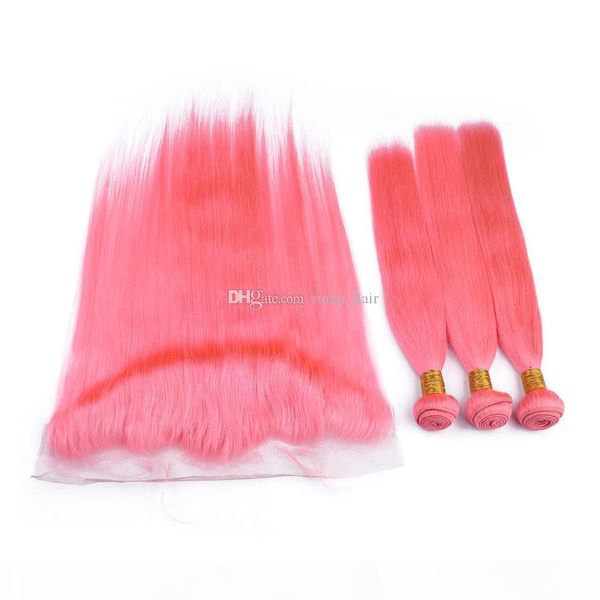 

pink human hair with lace frontal silk straight malaysian virgin remy hair extension and 13x4 lace frontal closure 4pcs lot, Black;brown