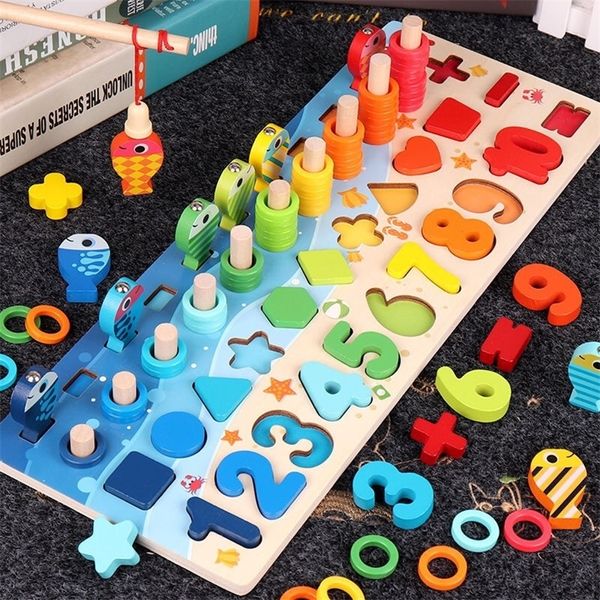 Kinder Montessori Pädagogische Holzspielzeug für Kinder Mathe Beschäftigt Bord Zählen Form Farben Spiel Angeln Brief Puzzle Lernspielzeug LJ200907