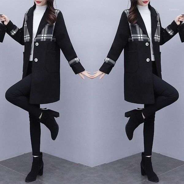 

black plaid stitching long wind coat clothes trench female autumn winter new woolen women's windbreaker casaco feminino raincoat1