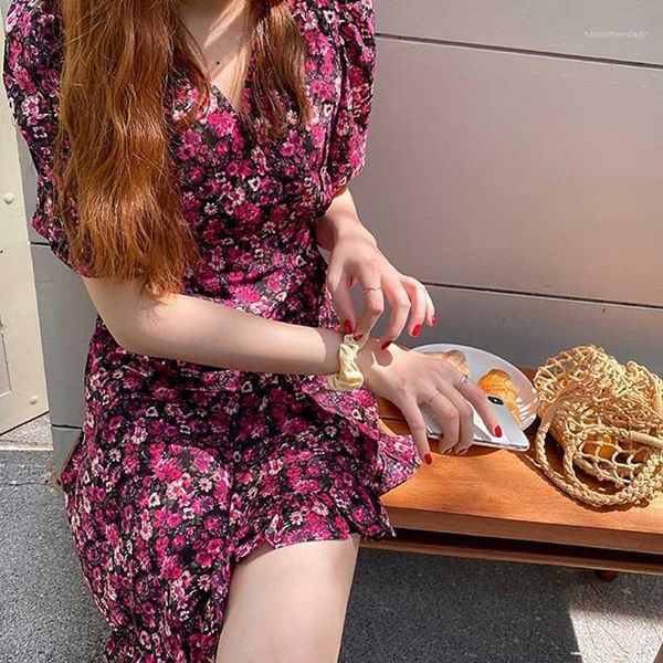 

casual dresses floral irregular v-neck short sleeve women dress summer 2021 minin ruffles high waist sweet ladies vestidos 8944 501, Black;gray