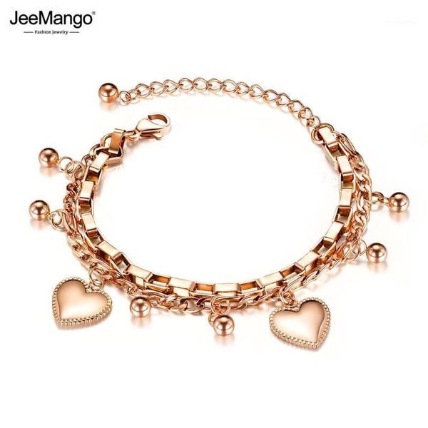 

jeemango trendy double layer stainless steel love heart ball charm bracelets for women girls bohemia chain link jewelry jb191511, Golden;silver