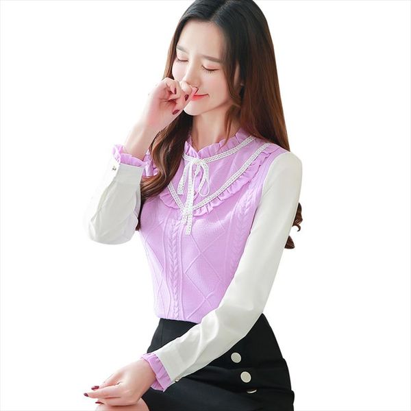 

женщины весна осень стиль лоскутное блузки рубашки леди повседневная с длинным рукавом о шея лоскутная блусас топы df3159, White