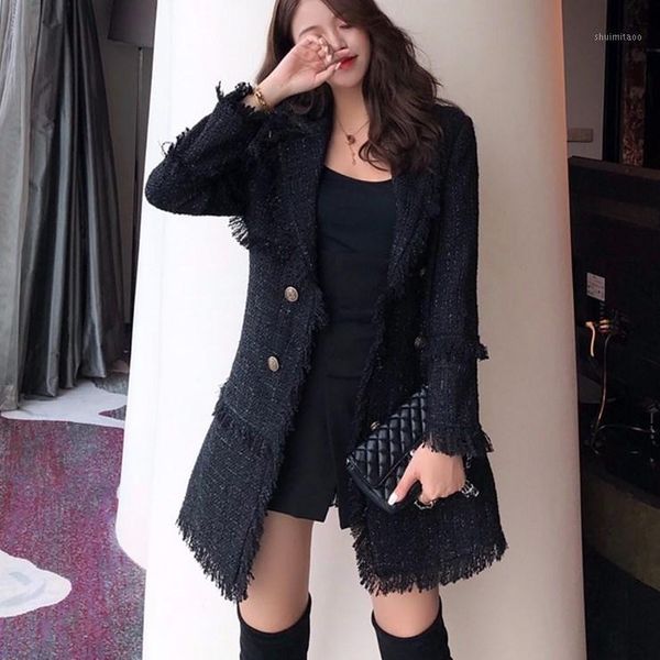 

high-end wild small fragranc bright silk tweed jacket female autumn and winter lapel was thin hepburn wind long woolen suit coat1, Black