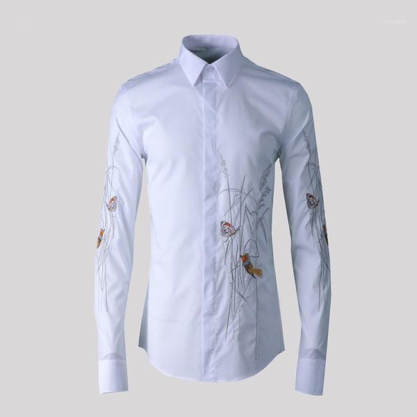 

men autumn bird flower embroidery slim fit dress shirt plus size long sleeve male business casual shirt white black blue1