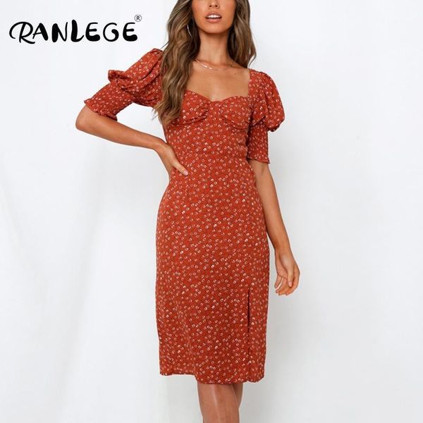 

ranlege 2020 floral printed knee length party dress women puff half sleeve elegant dresses split backless holiday midi dress1, White;black
