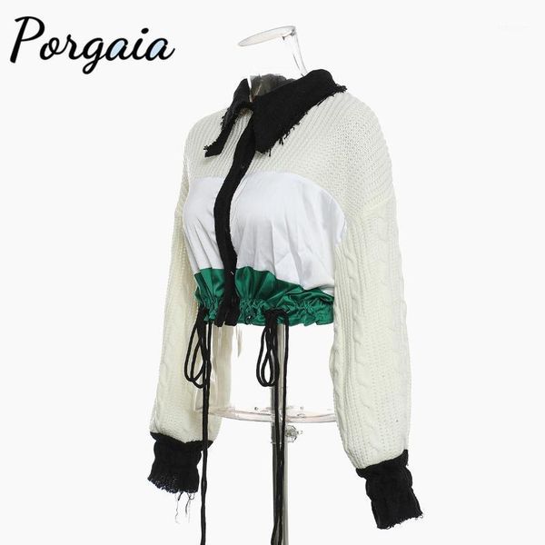 

porgaia open stitch vintage winter knitted short women chic outwear lace up lantern sleeve pullovers sweater1, White;black
