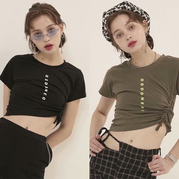 

wind ins letter print personalized sleeve fit show slim side drawstring short waist t-shirt top, Black;gray