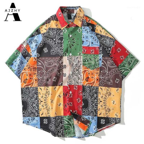 

men's casual shirts patchwork bandana print streetwear men shirt short sleeve oversized hip hop cashew flower vintage hawaiian fashion, White;black