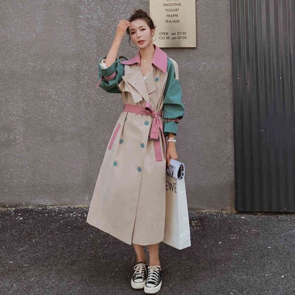 

women's trench coats novo casaco trench coat feminino estilo double breasted com cinto, espanador grande, primavera e outono tmue, Tan;black