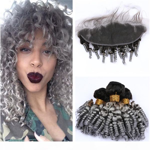 

virgin peruvian silver gray ombre funmi curly human hair wefts with frontal #1b grey ombre sprial curly weave bundles with 13x4 lace frontal, Black