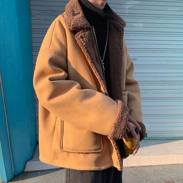 

ewq] 2021 winter woman new turn down collar long-sleeved cashmere loose splicing minimalist cardigan lambfur coat 8q9281, Black;brown