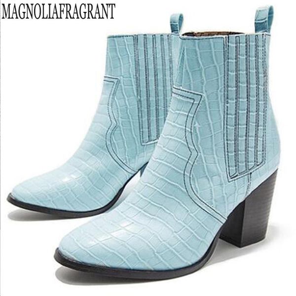 

boots fashion snakeskin pattern booties woman ankle for women shoes thick heel high women's leather botas mujer y303, Black