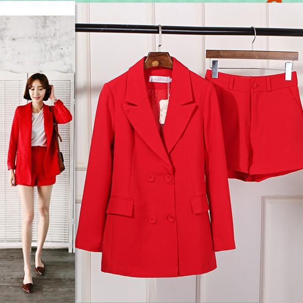 

2020 summer new fashion long sleeve red blazer casual temperament suit and shorts two-piece women suits office sets1, White