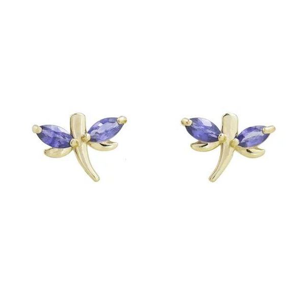 

stud 100% 925 sterling silver paved purple cz cute lovely animal small dragonfly earring for girl, Golden;silver