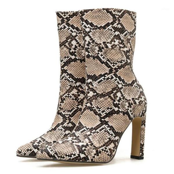 

boots print snake pu women ankle zip pointed toe footwear thick high heels female boot party shoes 2021 winter sy8651, Black