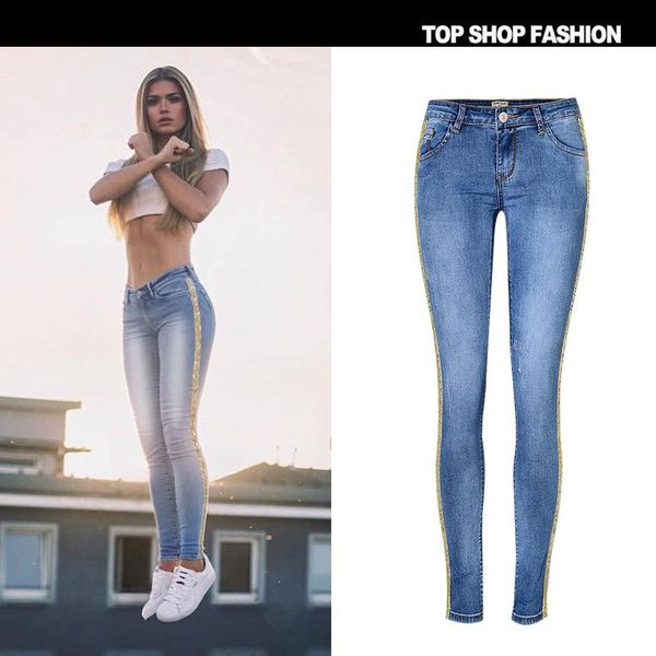 

trend-setter 2020 summer and autumn casual jeans women sequins side skinny elasticity denim pants, Blue