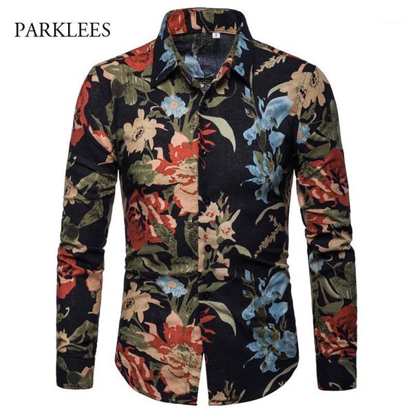 

retro floral print shirt men 2020 brand new long sleeve mens dress shirts casual slim fit breathable camisa hombre chemise homme1, White;black