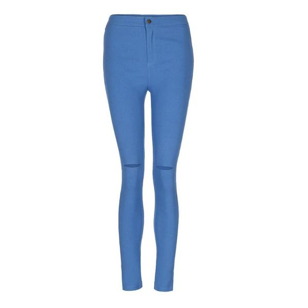 

summer women casual slim solid hole long jeans zippers skinny casual vintage trousers stretchy pencil denim pants ad, Blue