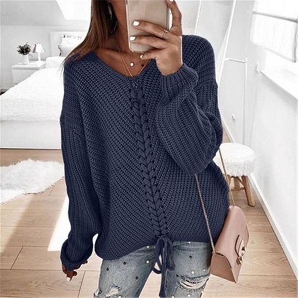 

ladies splicing t-shirt sweater fashion trend long sleeve v-neck strap buckle knitting designer famale autumn new loose casual sweater, White