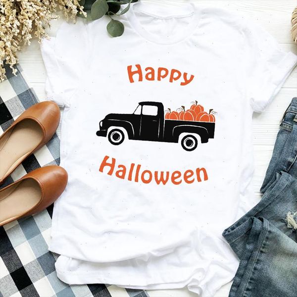 

women lady truck autumn pumpkin 90s thanksgiving halloween print tshirt female t tee womens shirt clothes graphic t shirt, White