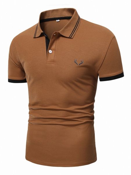 

men antler print striped trim polo shirt p85x#, White;black