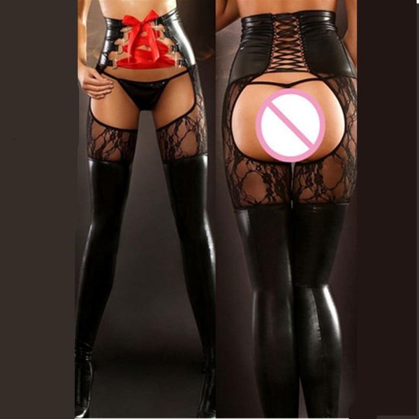 

faux leather open crotch lingerie women spanking catsuit spandex wet look clubwear leggings fetish wear erotic costumes, Black;white