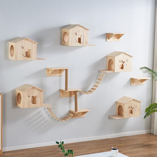 

solid wood wall hanging cat nest villa multifunctional large wall luxury cat house climbing frame jumping platform