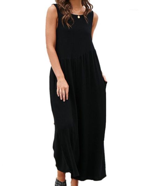 

women's comfy chiffon sleeveless jumpsuits tank wide leg long pants jumpsuit rompers with pockets1, Black;white