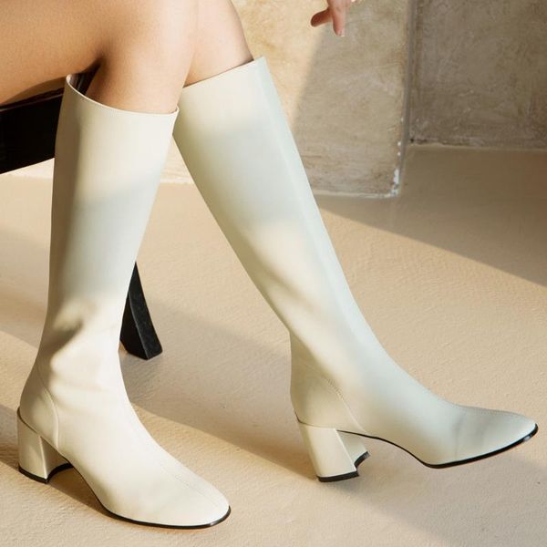 

women's genuine leather thick high heel autumn knee high boots square toe casual winter warm plush boots shoes for women, Black