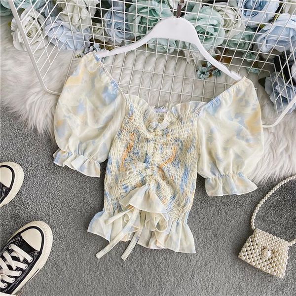 

french pleated chiffon shirt for women summer drawstring waist slimming heather slim fit square collar small shirt1, White