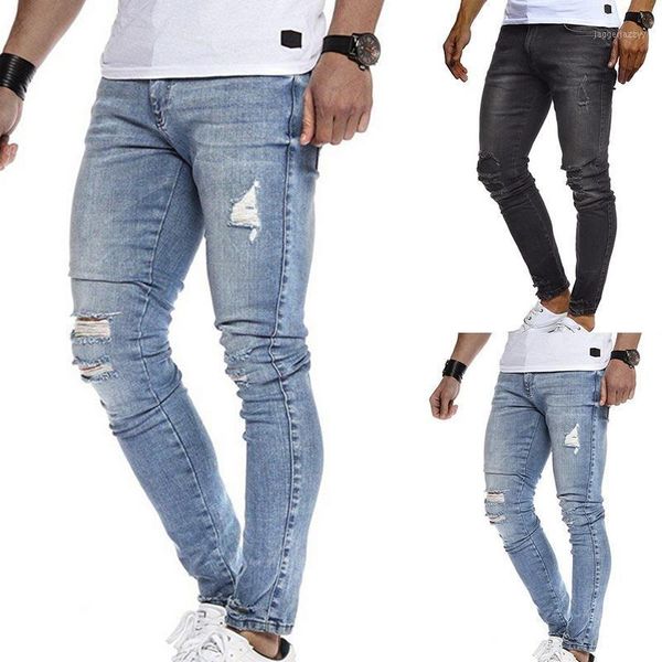 

men's jeans pencil pants slim men trousers casual skinny gothic denim ripped mens summer hole cowboys1, Blue