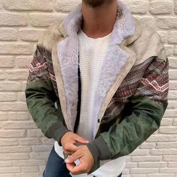

men\u2020s suede stitching fur coat color block lapel long sleeve fleece buttons coats jackets winter warm patchwork outwear, Black;brown