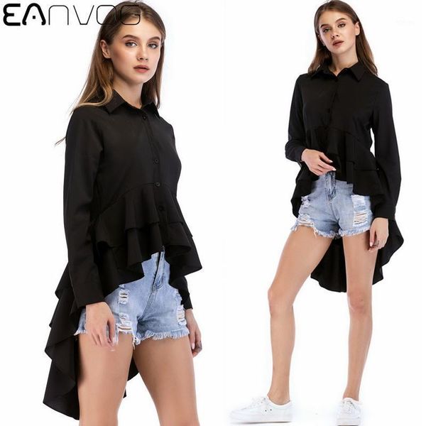 

women buttons long sleeve shirt casual clothes ruffles autumn irregular blouse swallow tail blouse turn-down collar solid 1, White