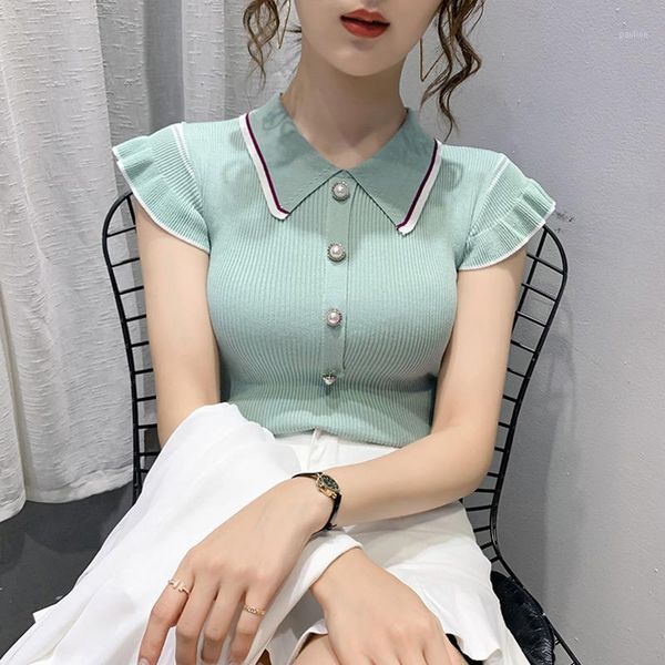 

summer ice silk shirt women's thin style knitting shirt 2020 doll collar ruffles slim short sleeve 3 colors s  l xl1, White