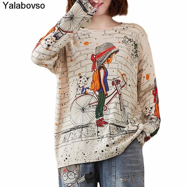 

women's vests autumn spring 2021 loose large tees cartoon printed sweater long sleeve crew neck retro vintage, Black;white