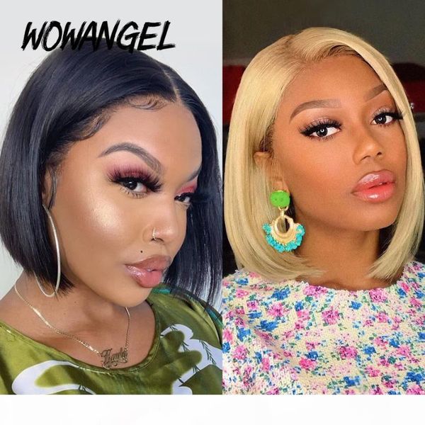 

wowangel 13*4 lace front human hair wigs 613 natural black color baby hair brazilian remy straight short bob fast shipping, Black;brown