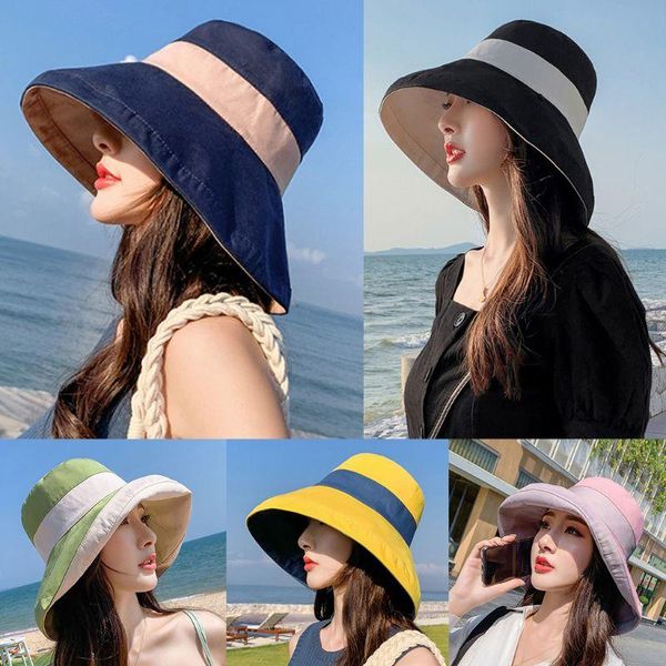 

women summer double-sided reversible bucket hat uv protection wide brim contrast color packable floppy beach sun cap, Blue;gray