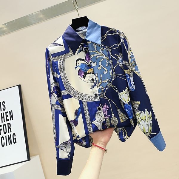 

spring autumn women's printed shirt korean retro contrast shirt female office lady turn-down collar long-sleeved shirt gd488 201028, White
