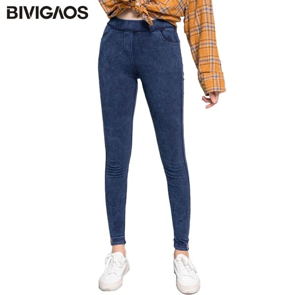 BIVIGAOS Feminino Outono Nova Etiquetagem Jeggings Skinny Slim desgastado desgastado buraco buraco jeans leggings para mulheres calças de lápis de jeans mais tamanho 201029