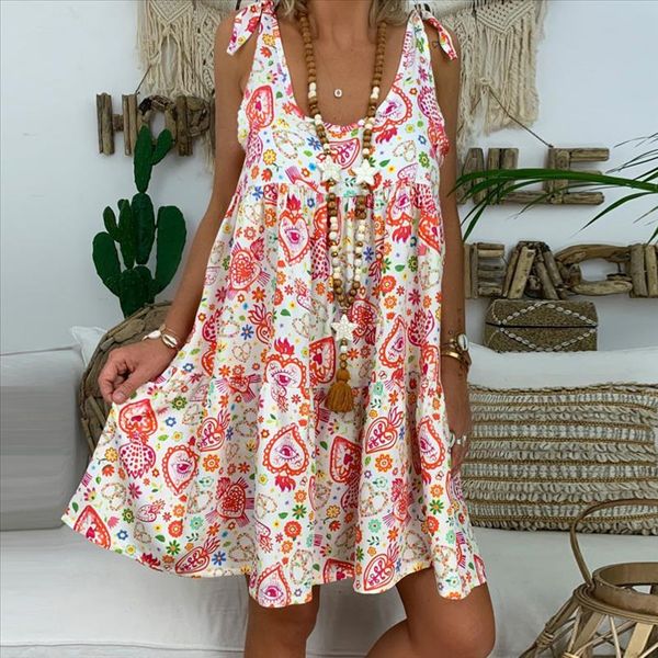 

womens summer dress loose floral print sleeveless bandage party mini dresses casual summer dress 2021 beach dresses vestidos, Black;gray