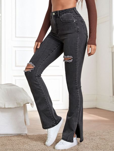 

high waist ripped flare leg jeans x1oc#, Blue