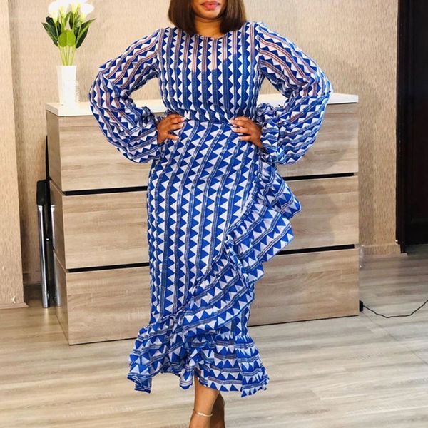 

2021 fallen autumn dressed as a girl's party lantern blue sleeve geometric high waist mid-calf mermaid dress plus size african style rz, Black;gray