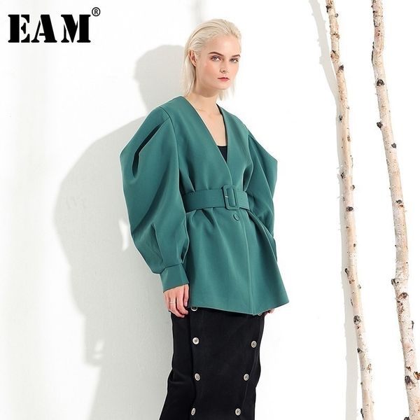 

[eam] new spring autumn v-collar long batwing sleeve fold split joint green loose bandagejacket women coat fashion jl083 201026, Black;brown