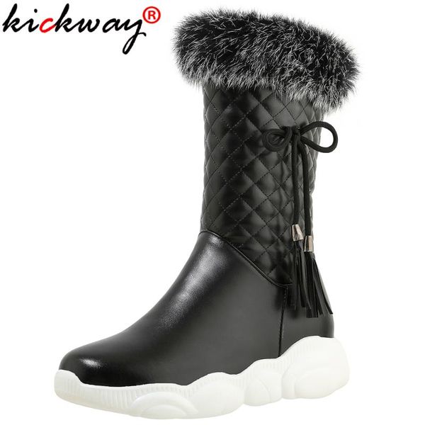 

kickway winter non-slip platform fur booties ladies waterproof ankle snow boots women keep warm wedges shoes woman 46, Black