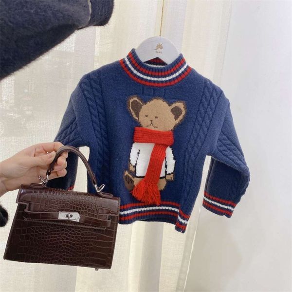 

new winter 2020 sweater korean autumn versatile round neck cartoon bear middle and small children's knitted pullover, Blue
