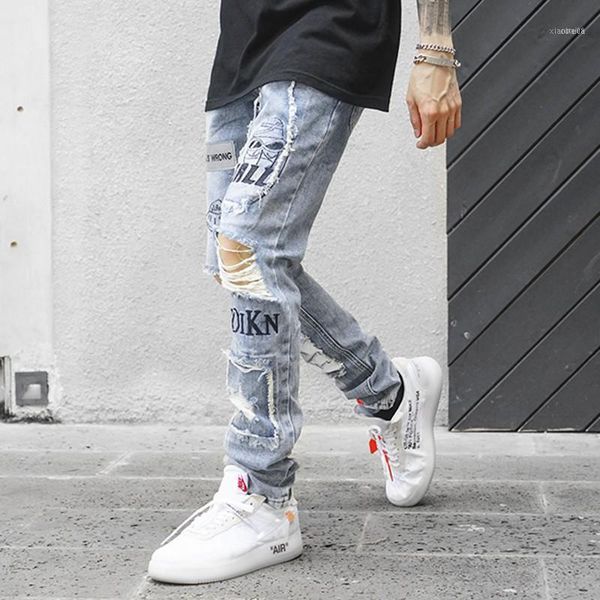 

men ripped jeans pants fashion slim fit jeans hip hop hole printed retro men blue men's trousers11