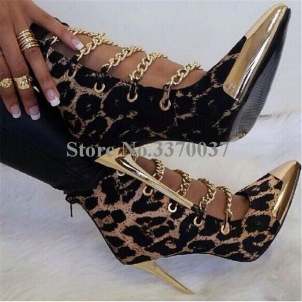 

women fashion gold metal pointed toe leopard patent leather ankle boots stiletto heel ankle boots high heel dress shoes t200425, Black